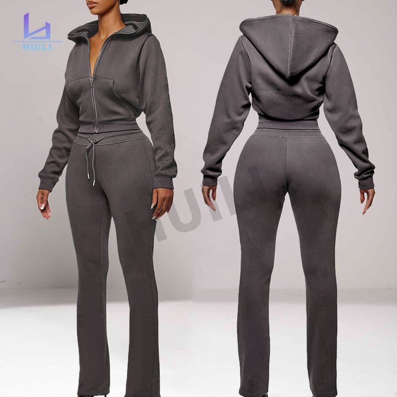 Huili Manufacturer Custom High Quality Two 2 Piece Fitness Gym Workout Tracksuits OEM Heavyweight Zip Up Bodysuits For Women