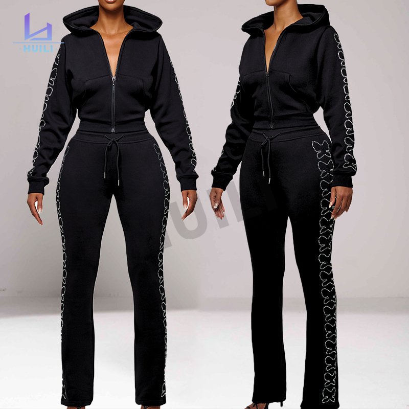 Huili Manufacturer Custom High Quality Two 2 Piece Fitness Gym Workout Tracksuits OEM Heavyweight Zip Up Bodysuits For Women
