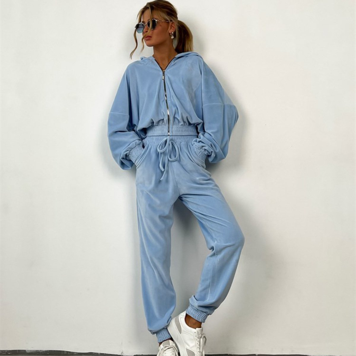 Hot Sale Autumn Solid Color Women'S Hoodies Set Zip Up Crop Hoodie And Pants Two Piece Set Casual Sports Long Sleeve Suit