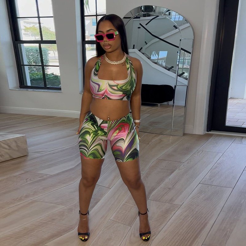 JY summer 2024 printed slash neck sleeveless crop top and short pants 2 piece set bodycon sexy casual women's set