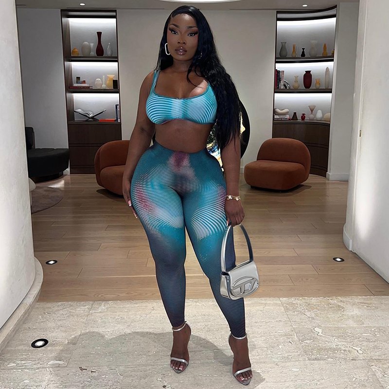 Bomblook R23ST033 Sporty Women's Set Sexy Print Color Blocking Sweatsuit Leggings Two Piece Pants Set Fall Outfits