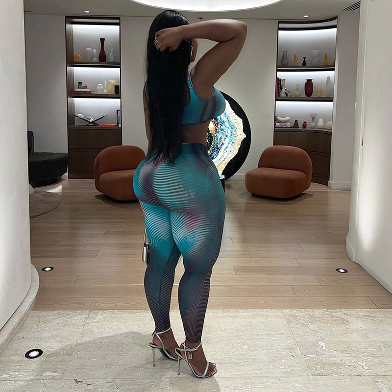 Bomblook R23ST033 Sporty Women's Set Sexy Print Color Blocking Sweatsuit Leggings Two Piece Pants Set Fall Outfits