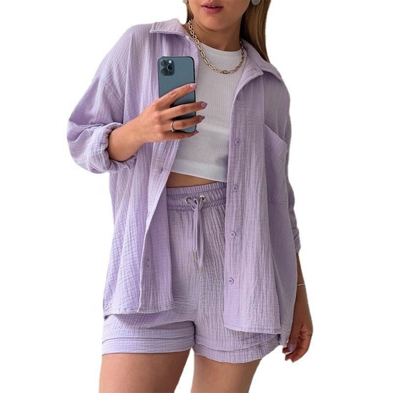 Hot selling wholesale women's sets solid color long sleeved shirts suits drawstring shorts casual two piece set Women suits