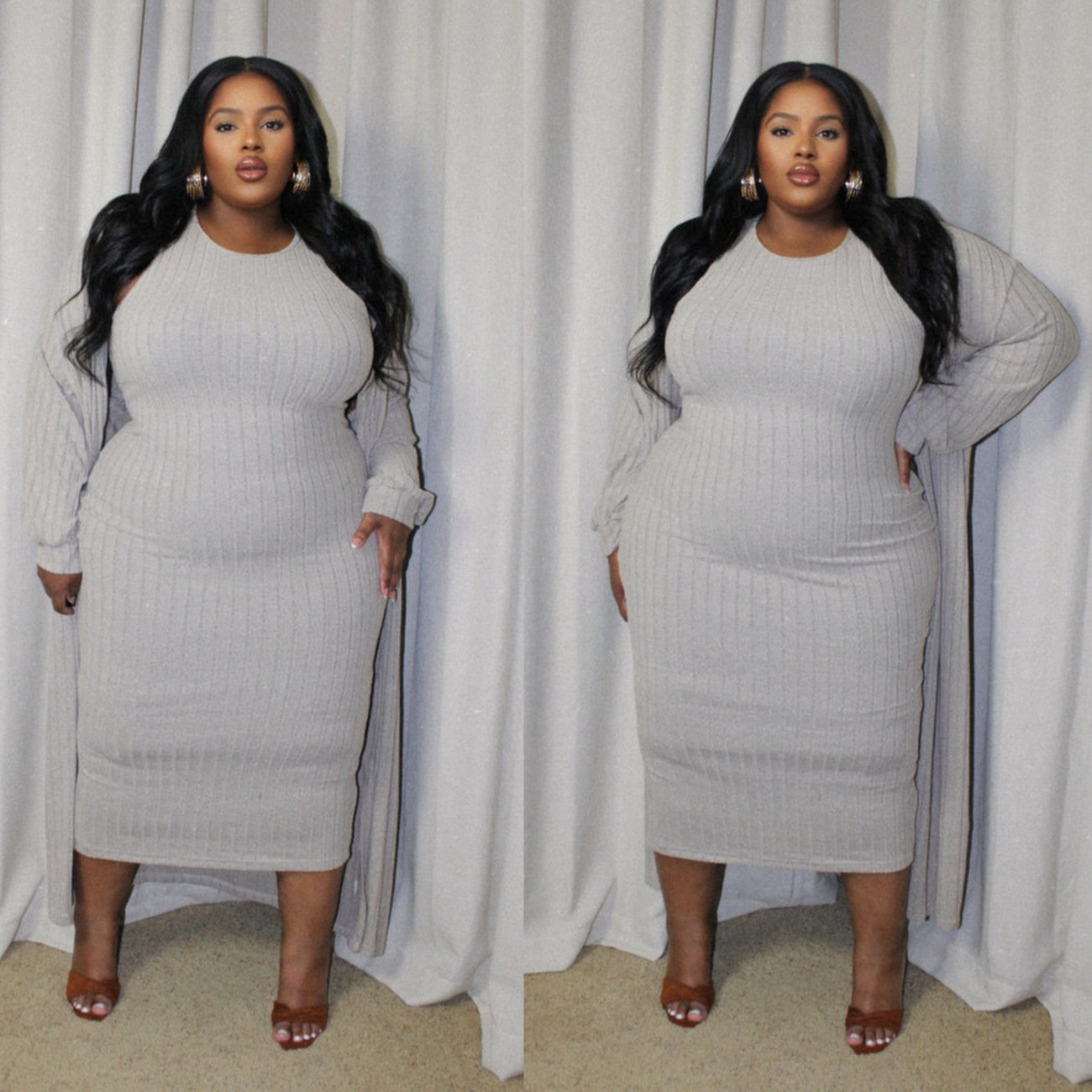 fall decoration 2024 plus size women's clothing Solid color ribbed knitted long sleeved coat dress set woman