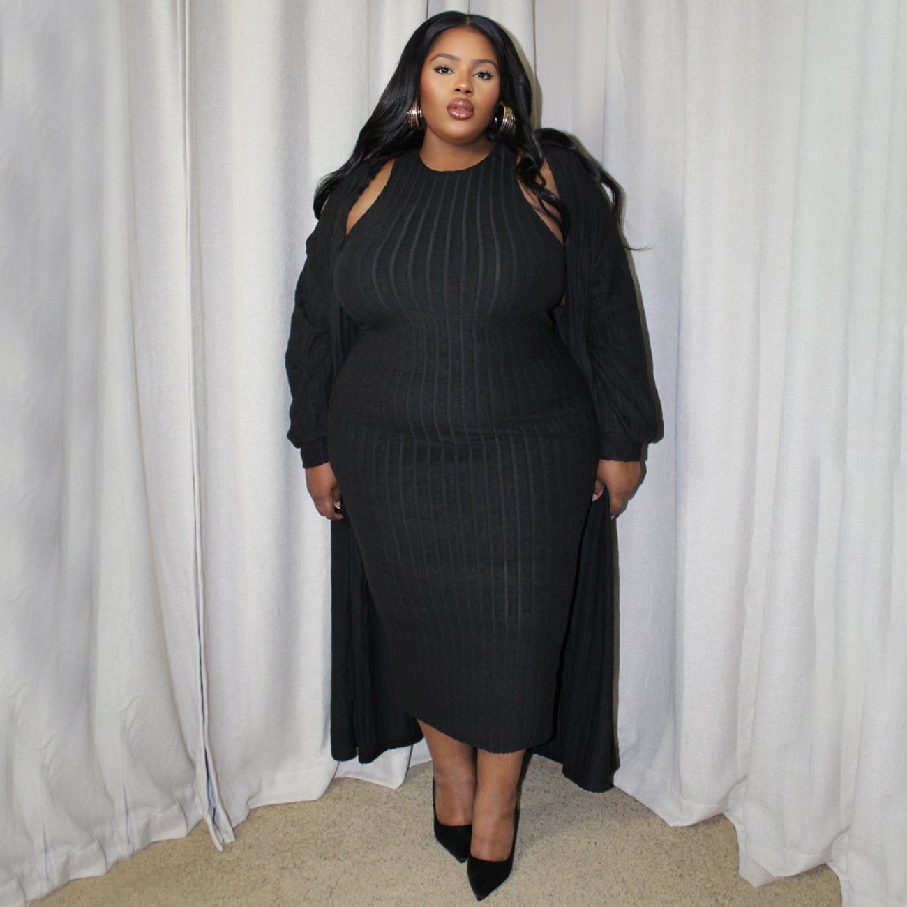 fall decoration 2024 plus size women's clothing Solid color ribbed knitted long sleeved coat dress set woman