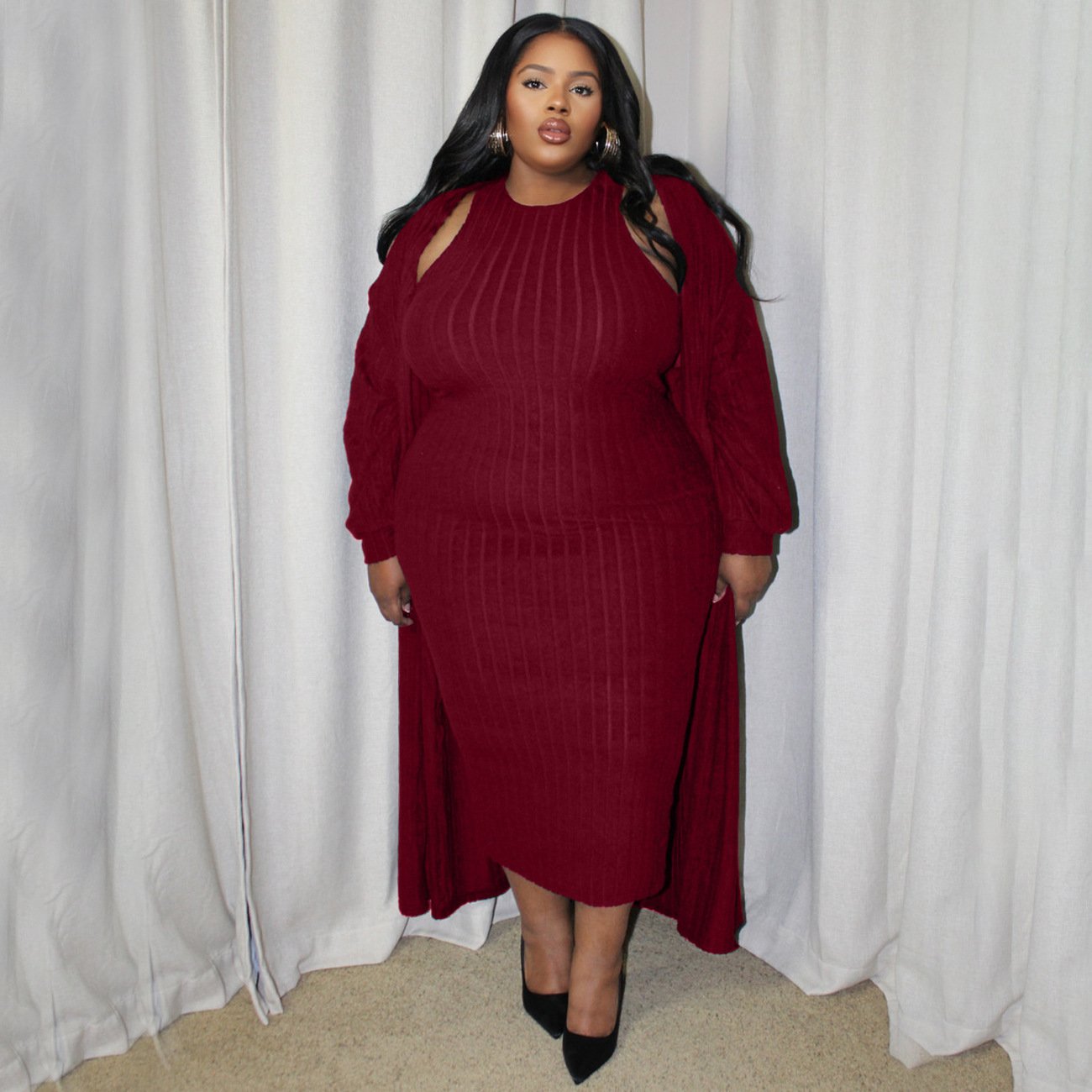 fall decoration 2024 plus size women's clothing Solid color ribbed knitted long sleeved coat dress set woman