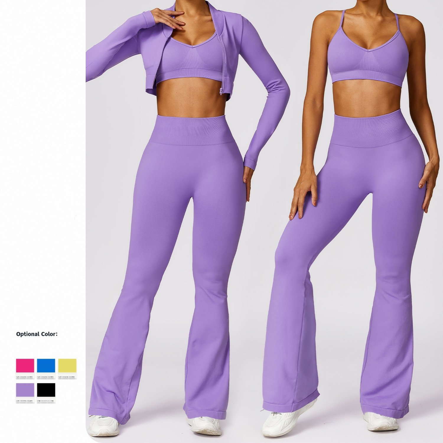 2024 2 Pieces Active Wear Women Fitness Seamless Long Sleeve Shirts Yoga Sets Flare Pants Workout Suits Gym Fitness Wear