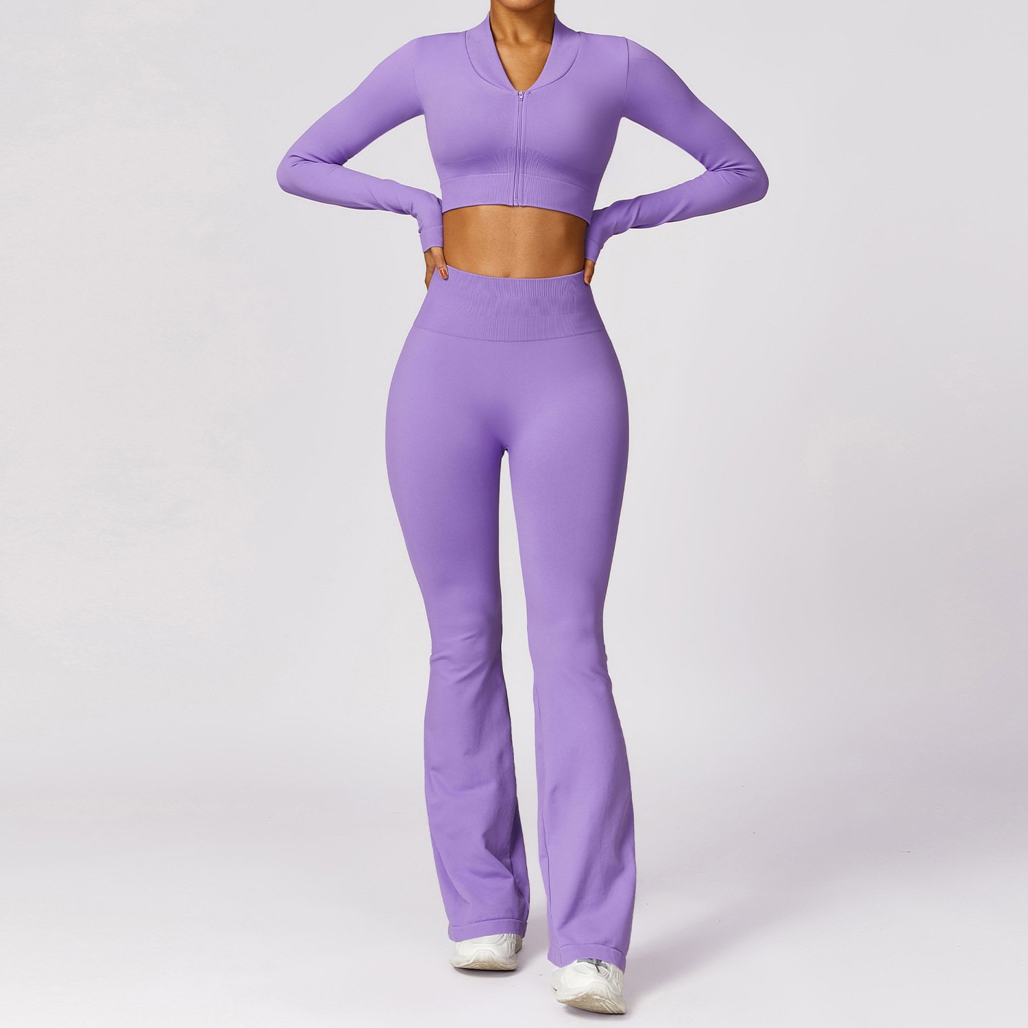 2024 2 Pieces Active Wear Women Fitness Seamless Long Sleeve Shirts Yoga Sets Flare Pants Workout Suits Gym Fitness Wear