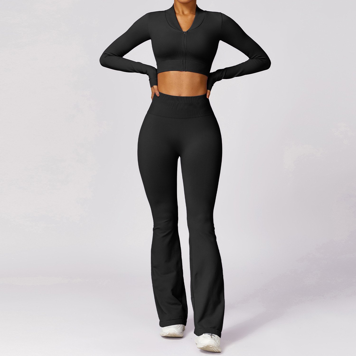 2024 2 Pieces Active Wear Women Fitness Seamless Long Sleeve Shirts Yoga Sets Flare Pants Workout Suits Gym Fitness Wear