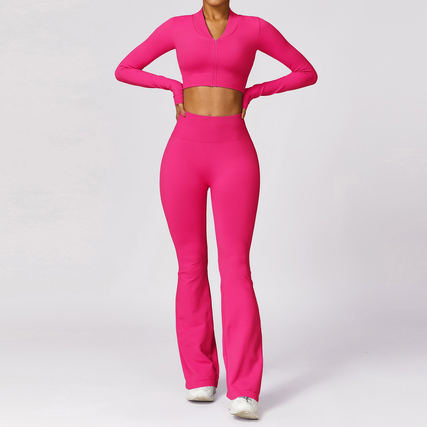 2024 2 Pieces Active Wear Women Fitness Seamless Long Sleeve Shirts Yoga Sets Flare Pants Workout Suits Gym Fitness Wear