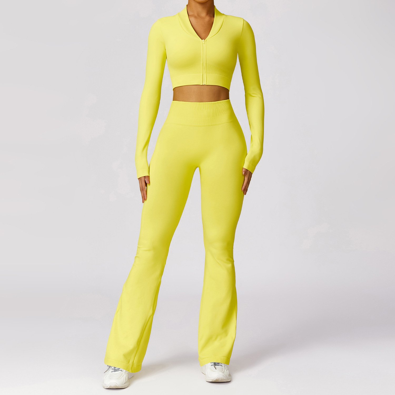 2024 2 Pieces Active Wear Women Fitness Seamless Long Sleeve Shirts Yoga Sets Flare Pants Workout Suits Gym Fitness Wear
