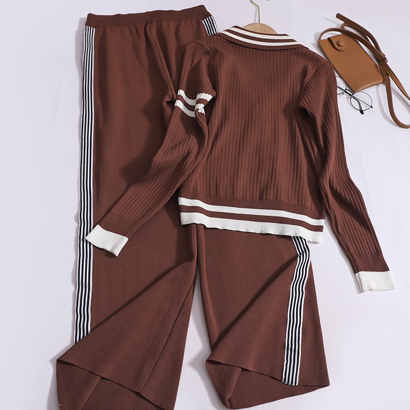 Boutique Wholesale 2024 Autumn Casual Vacation Two-piece Breasted Knitted Sweater Striped High Waisted Pants Women's Set