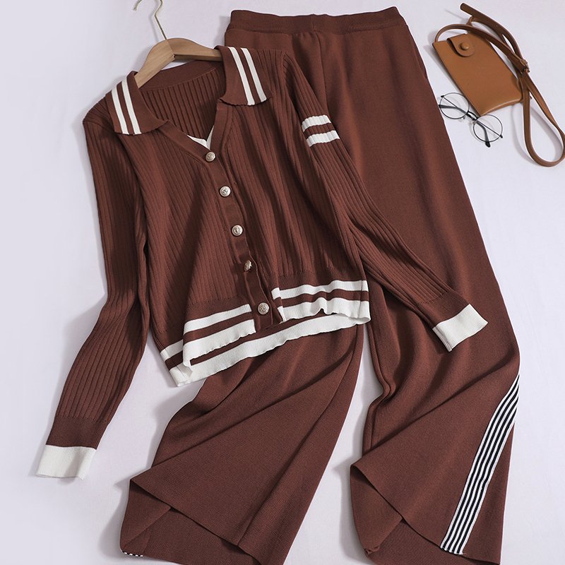 Boutique Wholesale 2024 Autumn Casual Vacation Two-piece Breasted Knitted Sweater Striped High Waisted Pants Women's Set