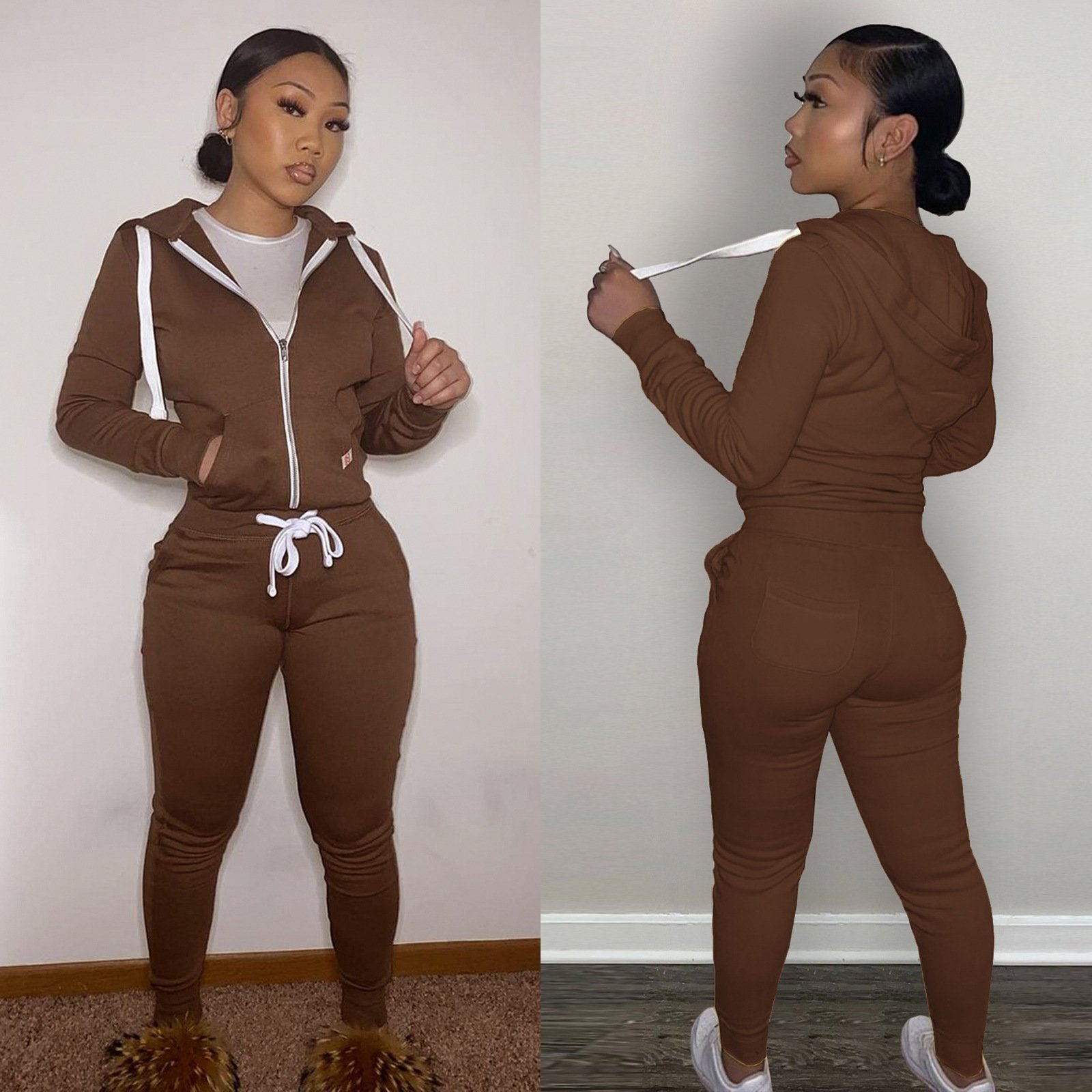 Autumn Winter Tracksuit Custom Women's Set Cotton Sweatshirt Tight Custom Logo Joggers Sport Gym Two Piece Hooded Suit Women