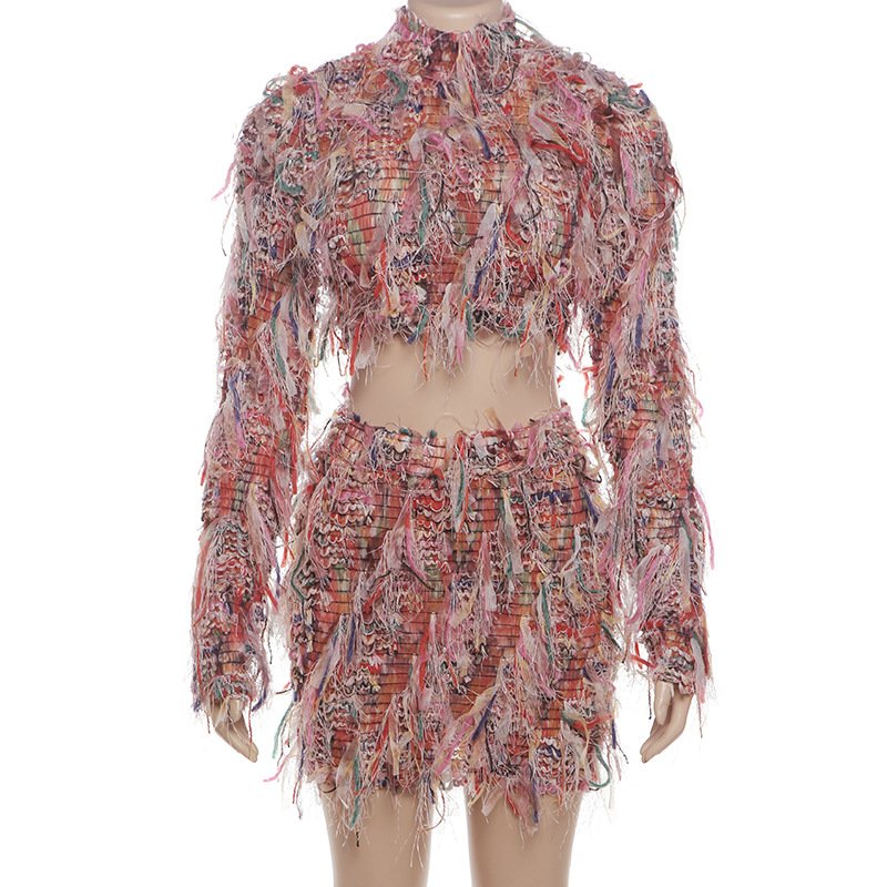 2024 Autumn New Women's Sets Fashion Trendy Colorful Tassel Round Neck Long Sleeve Crop Top Slim Short Skirt Set 2 Piece Set