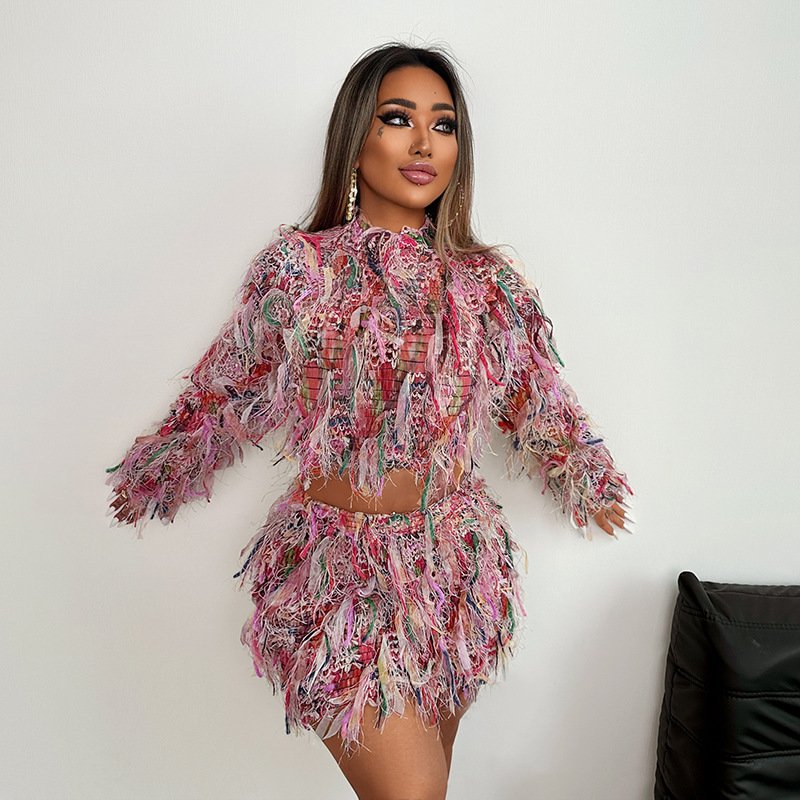 2024 Autumn New Women's Sets Fashion Trendy Colorful Tassel Round Neck Long Sleeve Crop Top Slim Short Skirt Set 2 Piece Set