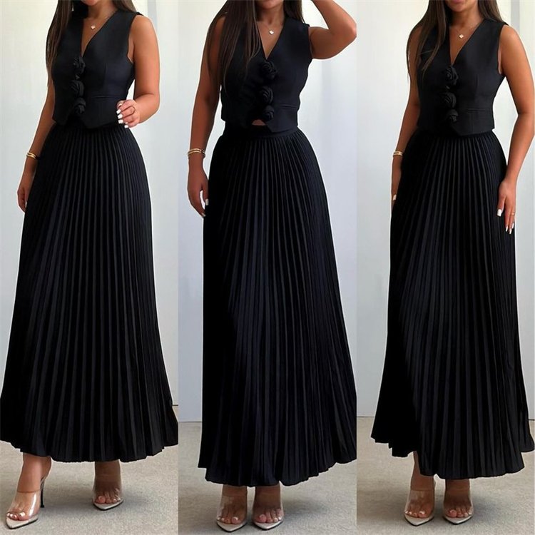 2024 new arrival Summer Autumn Women's Sets Fashion casual 2 piece Women's Clothing solid color Formal Vest Pleated Skirts Set