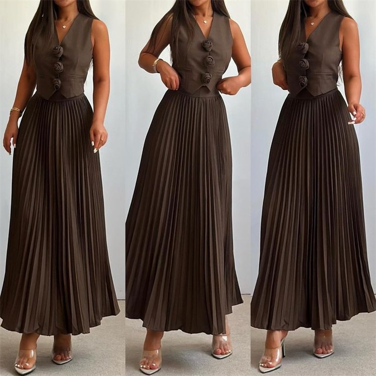 2024 new arrival Summer Autumn Women's Sets Fashion casual 2 piece Women's Clothing solid color Formal Vest Pleated Skirts Set