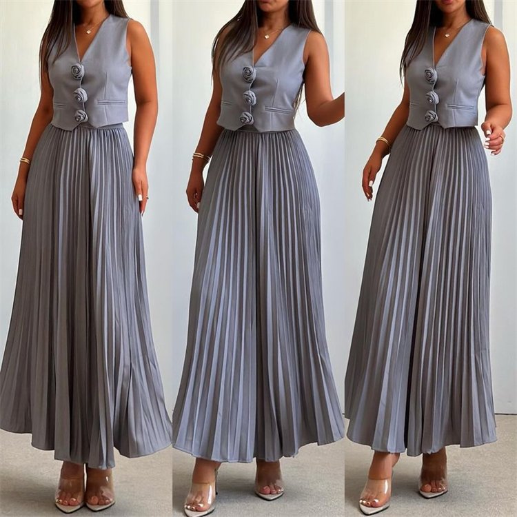 2024 new arrival Summer Autumn Women's Sets Fashion casual 2 piece Women's Clothing solid color Formal Vest Pleated Skirts Set