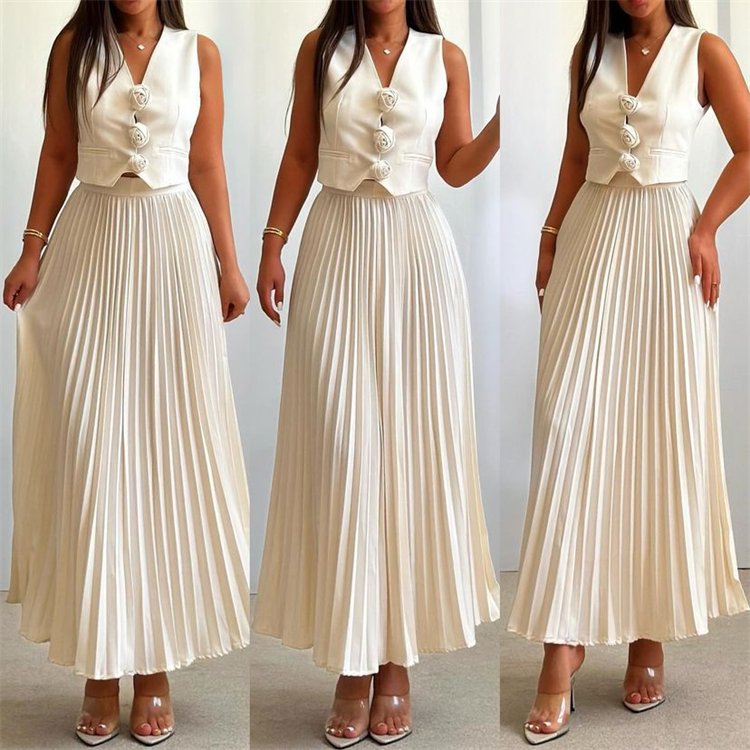 2024 new arrival Summer Autumn Women's Sets Fashion casual 2 piece Women's Clothing solid color Formal Vest Pleated Skirts Set