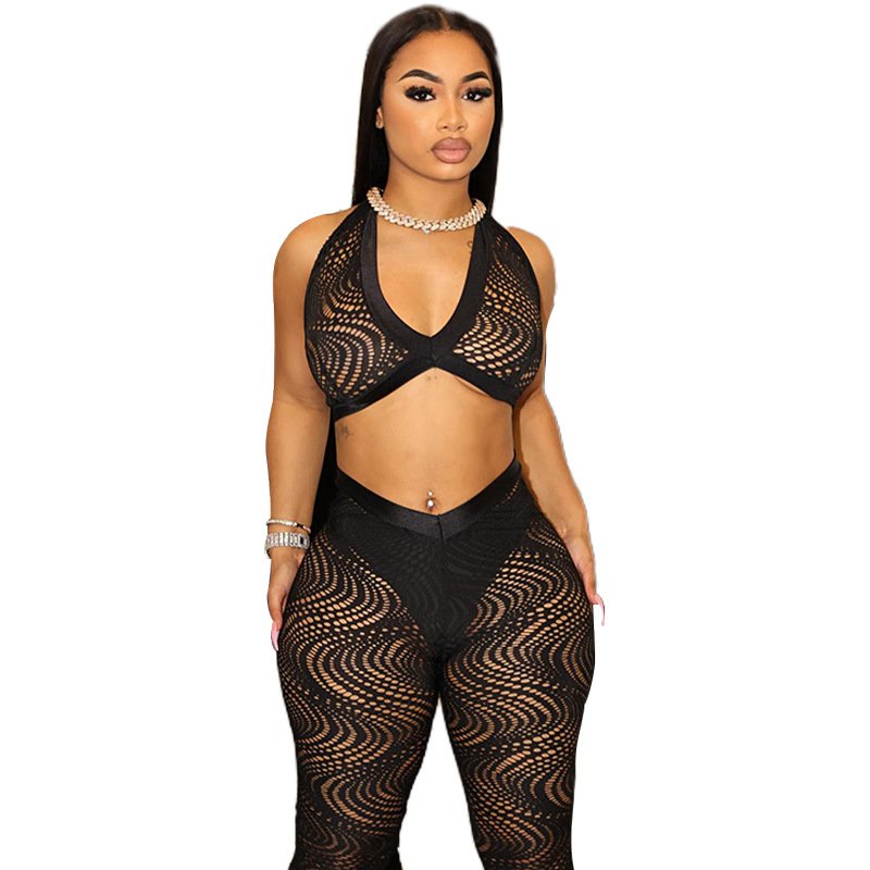 Peeqi K24S48058 new summer hollow out sleeveless slash neck crop top and pants 2 piece set solid bodycon sexy women's set