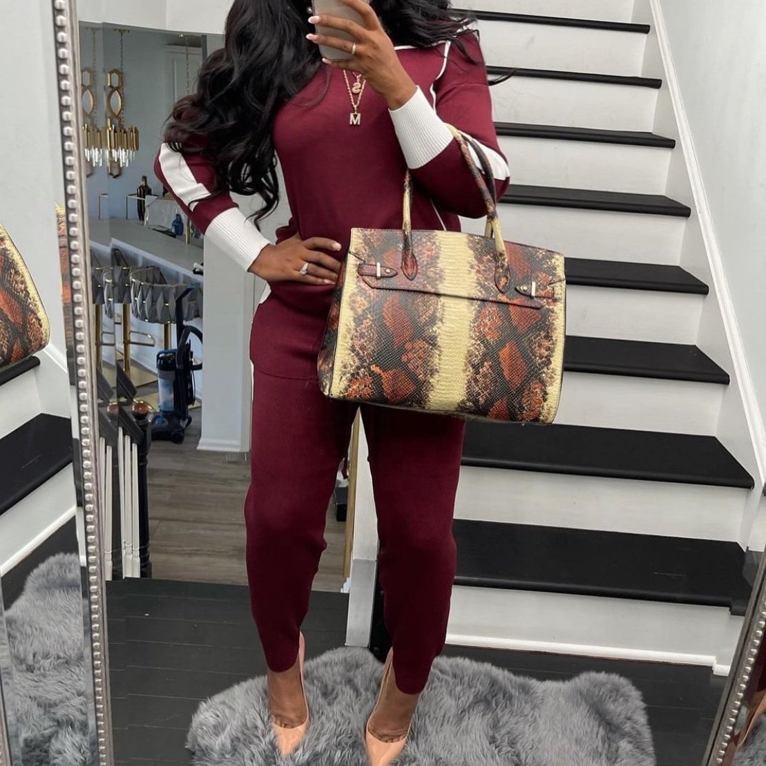 Fall Winter Fashion Casual Long Sleeve Patchwork Color Blocking Knit Sweater Outfits Women Loungewear Two Pieces Sweater Sets