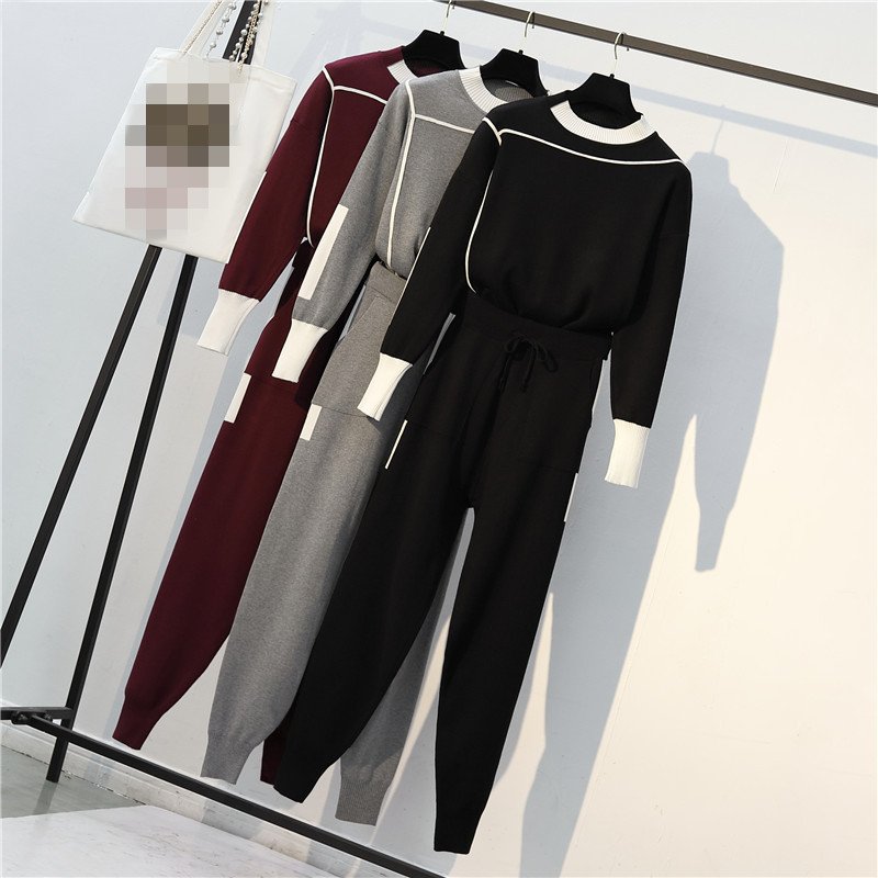 Fall Winter Fashion Casual Long Sleeve Patchwork Color Blocking Knit Sweater Outfits Women Loungewear Two Pieces Sweater Sets