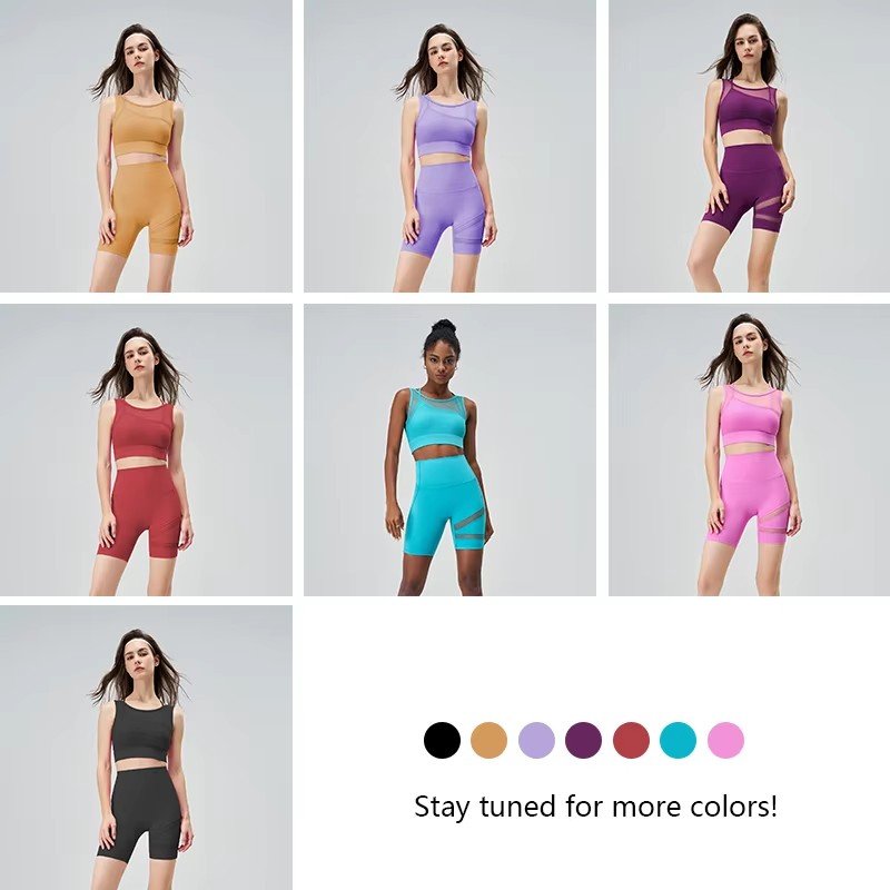 Custom Logo Mesh Splicing Design Active Sportswear Plus Size Gym Fitness Yoga Women's Sets With Four-sided Elasticity