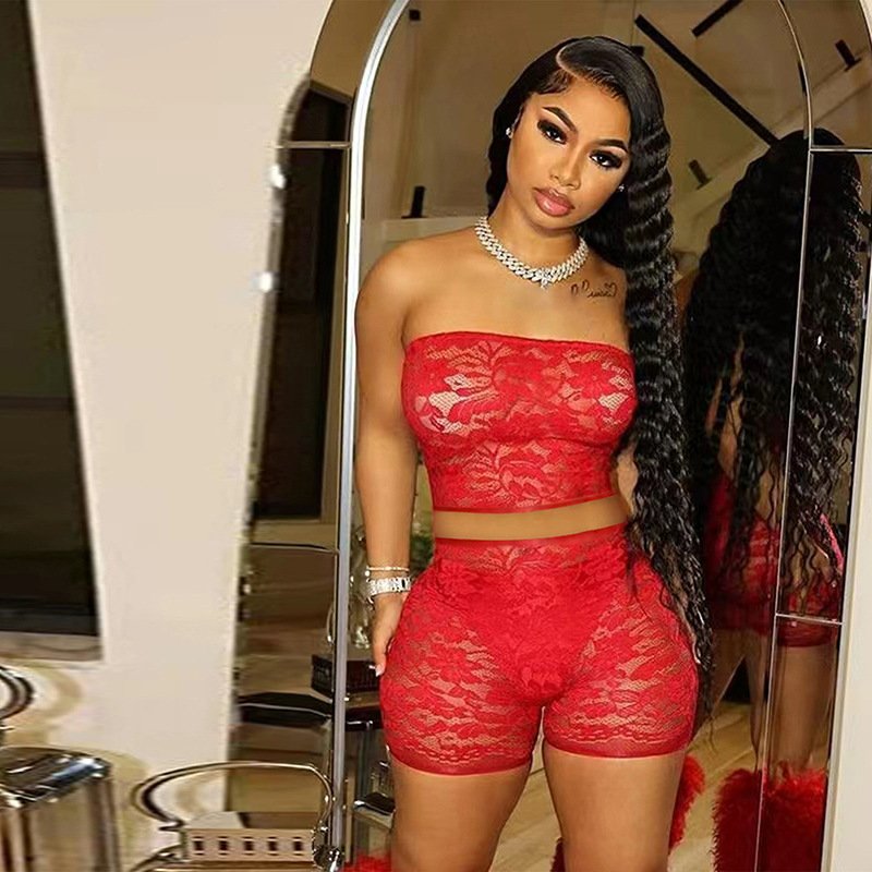Charm 2024 Summer Women's Tube Top Tight Shorts Fashion Sexy Perspective Lace Jacquard Women's Suits