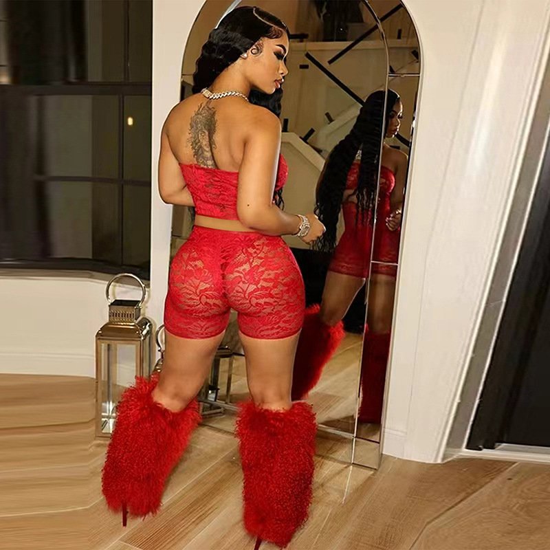 Charm 2024 Summer Women's Tube Top Tight Shorts Fashion Sexy Perspective Lace Jacquard Women's Suits