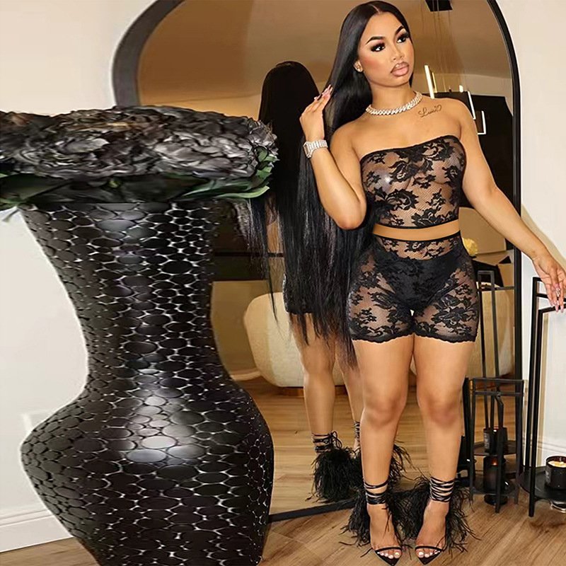 Charm 2024 Summer Women's Tube Top Tight Shorts Fashion Sexy Perspective Lace Jacquard Women's Suits