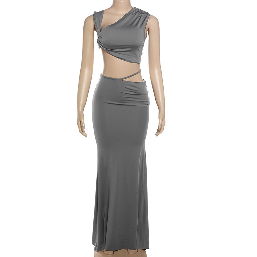 Kliou K24S42786 New arrivals 2 piece set crop top maxi skirt women's sets solid outfit