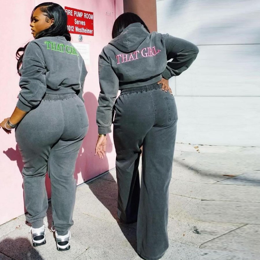 Kliou K24S52015 Autumn Loose Hoodie 2 Piece Set Women Embroidered letter Casual Sweatsuit Jogging Sets Pants Women's Set