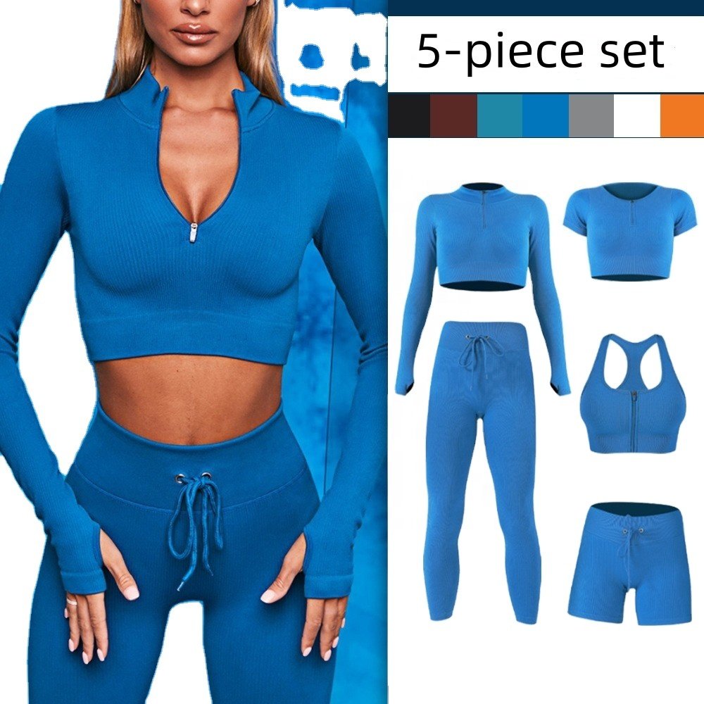 2022 New 5Pcs Seamless Ribbed Yoga Set Gym Sportswear Workout Clothing Woman Fitness Clothing Active Wear Set
