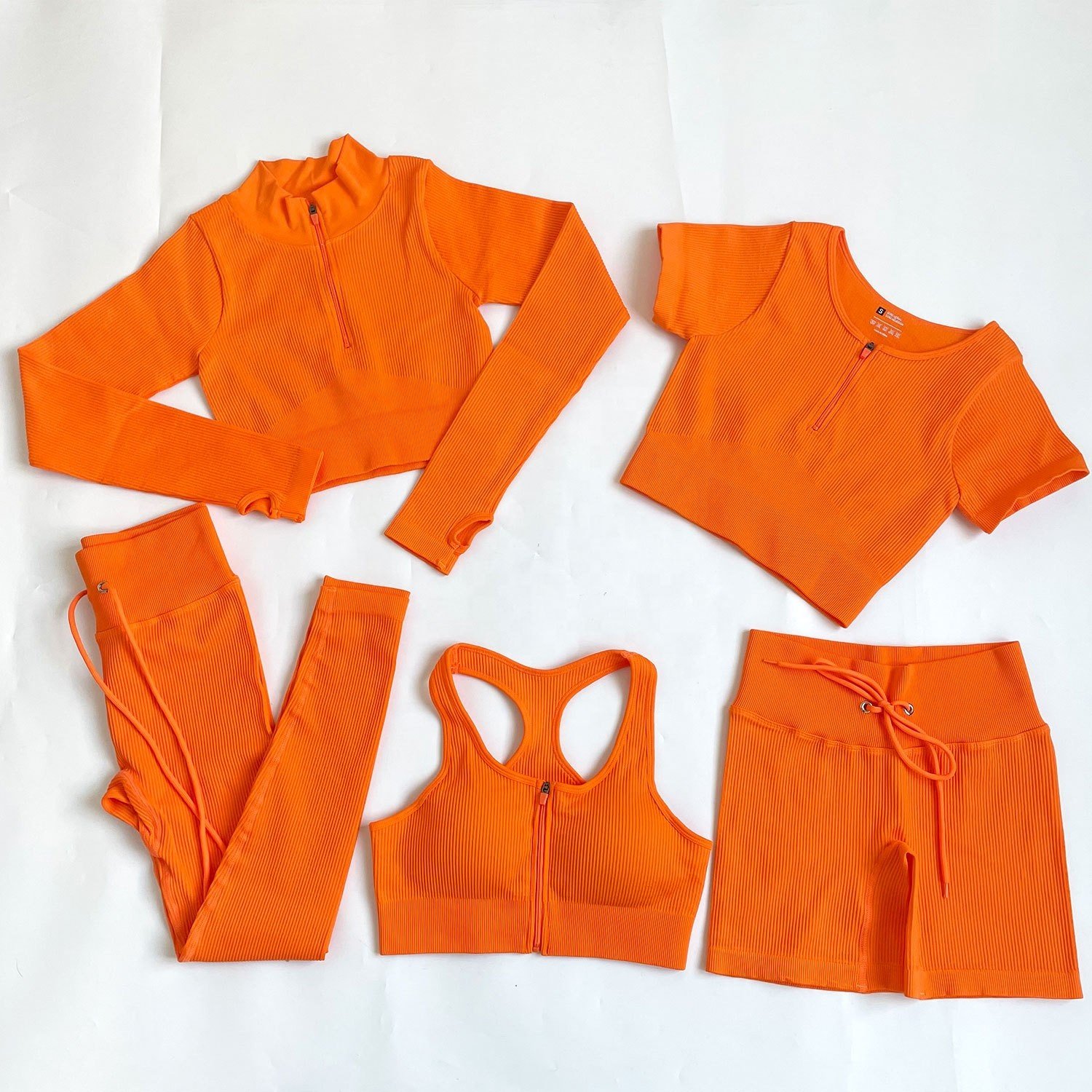 2022 New 5Pcs Seamless Ribbed Yoga Set Gym Sportswear Workout Clothing Woman Fitness Clothing Active Wear Set