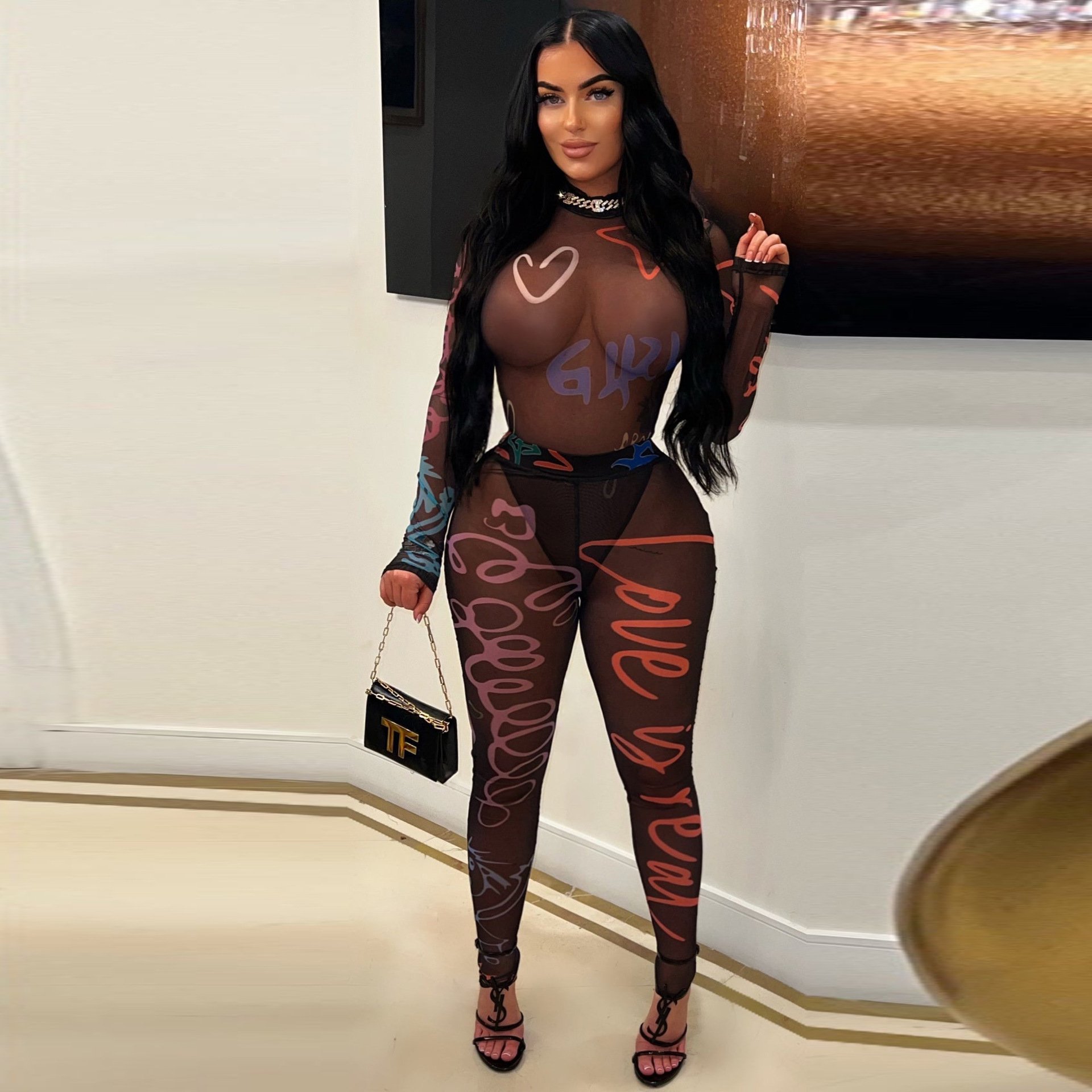 Bomblook Z906ST04 2024 Autumn Printed Perspective Mesh Tight Top Combo+Pants Set Two Piece Set Casual Wear Women's Sets