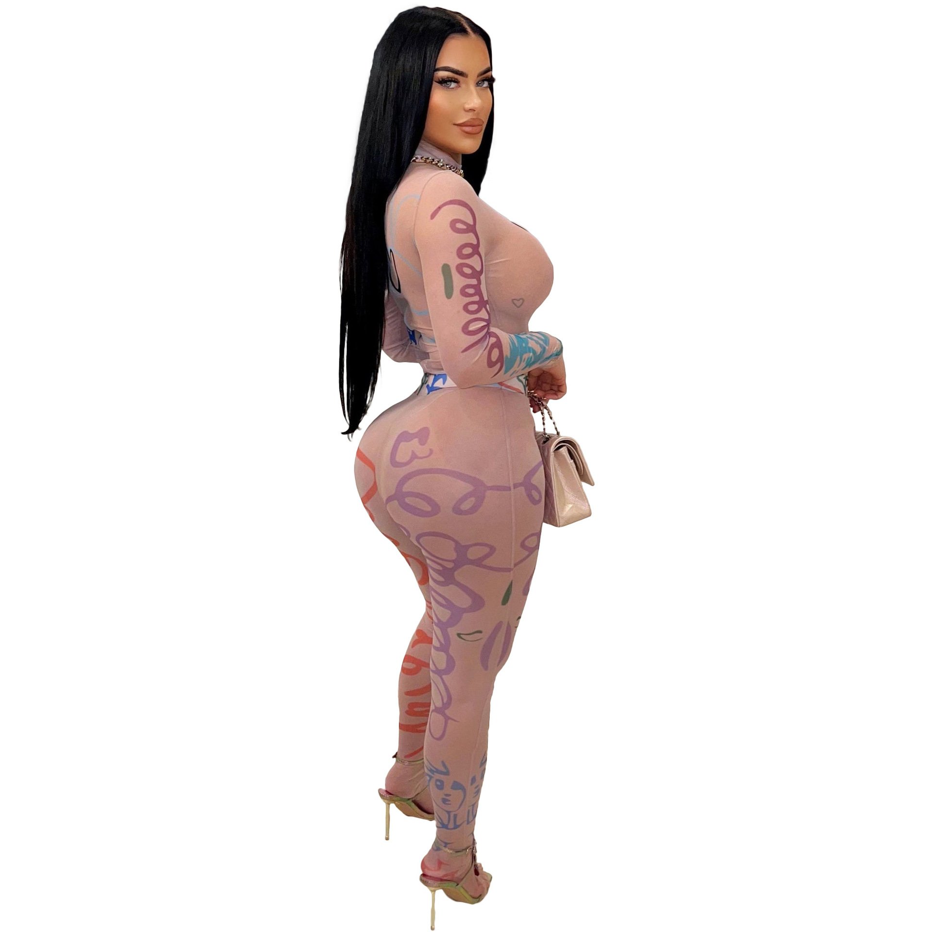 Bomblook Z906ST04 2024 Autumn Printed Perspective Mesh Tight Top Combo+Pants Set Two Piece Set Casual Wear Women's Sets