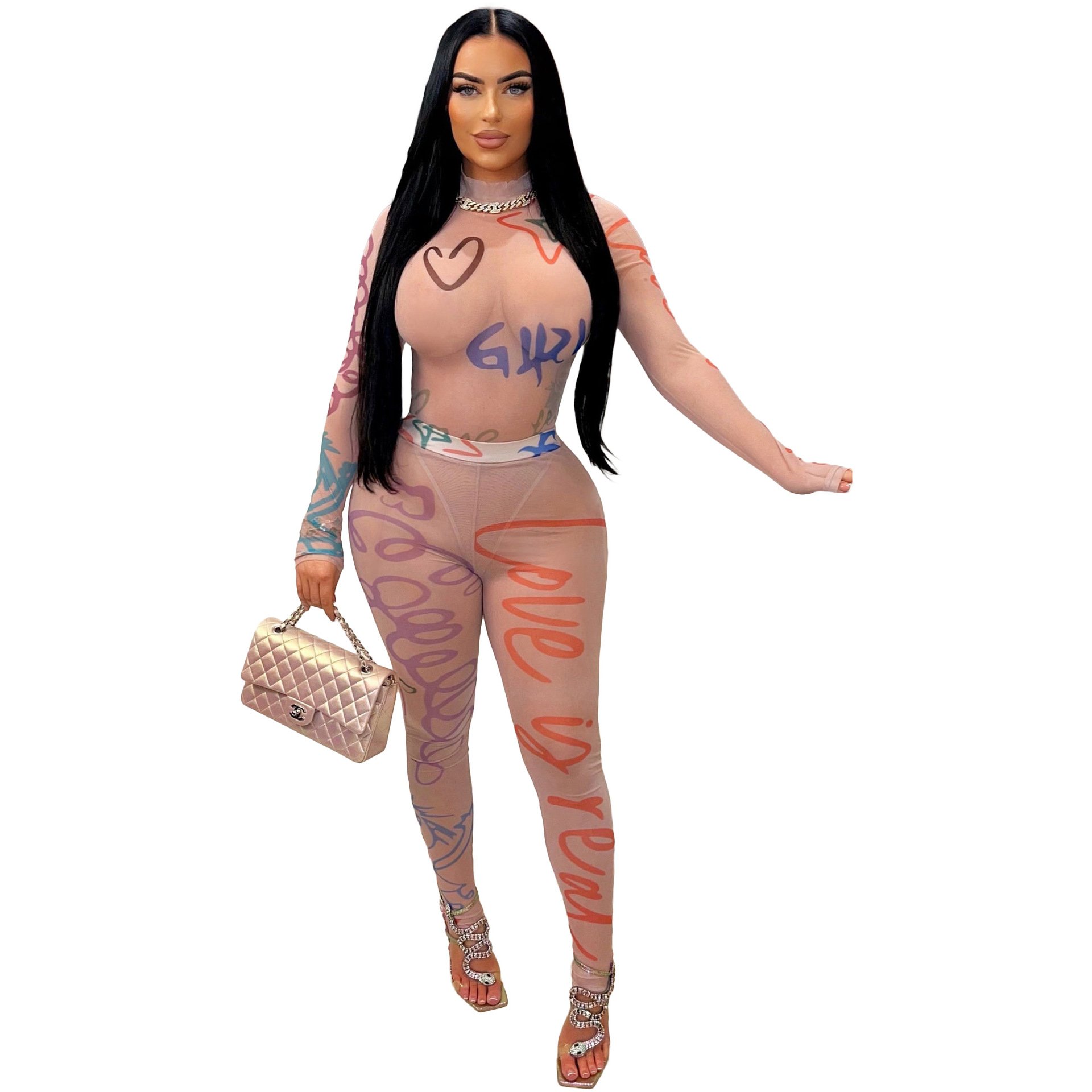 Bomblook Z906ST04 2024 Autumn Printed Perspective Mesh Tight Top Combo+Pants Set Two Piece Set Casual Wear Women's Sets
