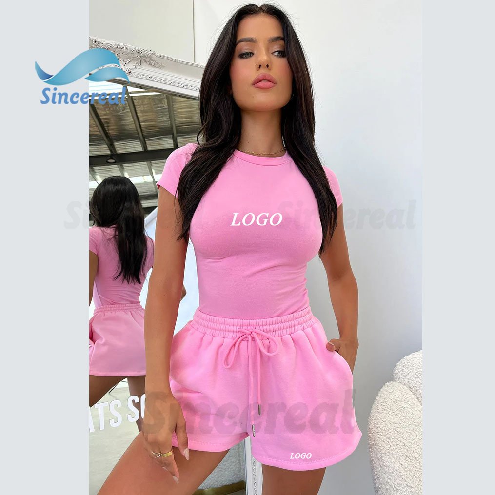 Manufacturers custom embroidery 3D puff print logo sexy 100% cotton women's top and shorts casual two piece tshirt set