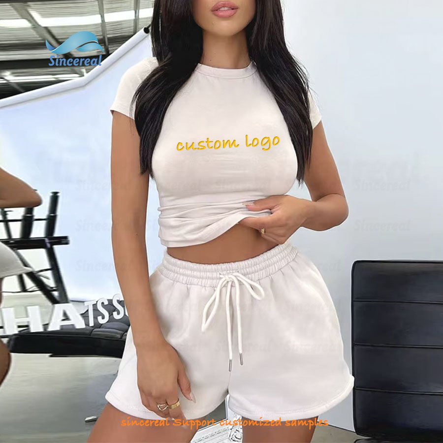 Manufacturers custom embroidery 3D puff print logo sexy 100% cotton women's top and shorts casual two piece tshirt set