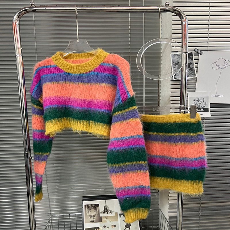 Fast Delivery 2024 Designer Fashion Girls Knitted Mohair Sweaters Crew Neck Long Sleeve Top And Hip Skirt Sweater Set For Women