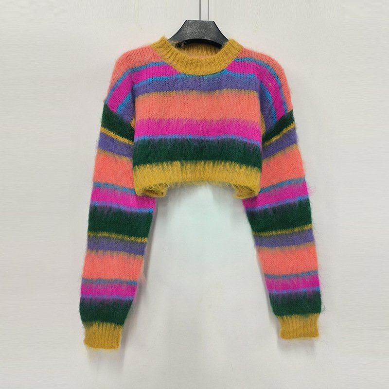 Fast Delivery 2024 Designer Fashion Girls Knitted Mohair Sweaters Crew Neck Long Sleeve Top And Hip Skirt Sweater Set For Women