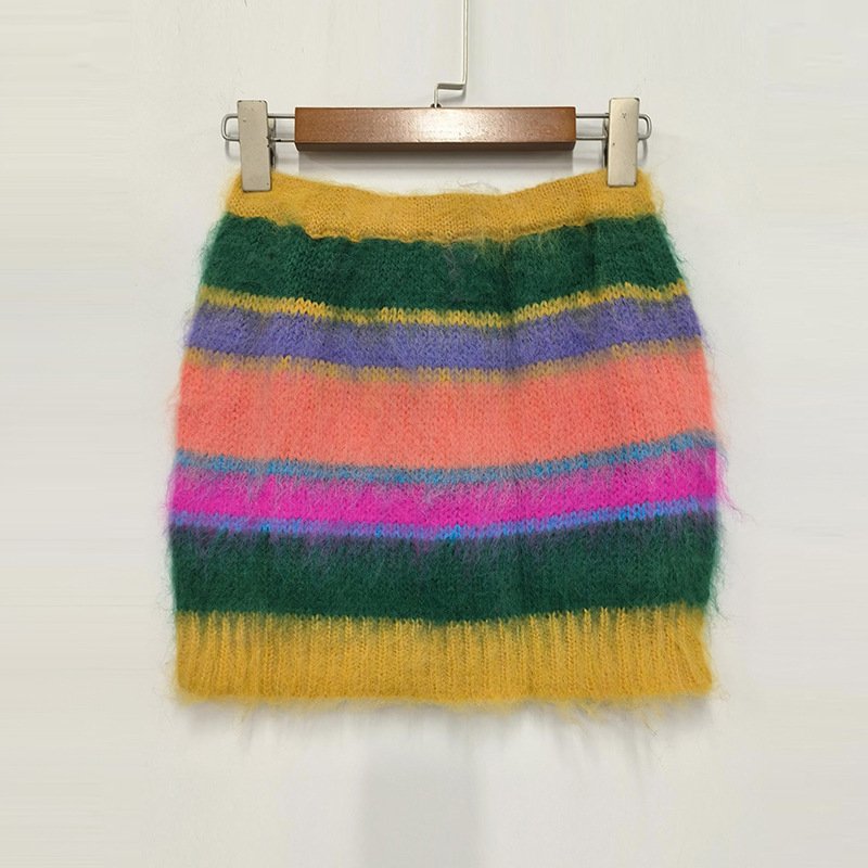 Fast Delivery 2024 Designer Fashion Girls Knitted Mohair Sweaters Crew Neck Long Sleeve Top And Hip Skirt Sweater Set For Women