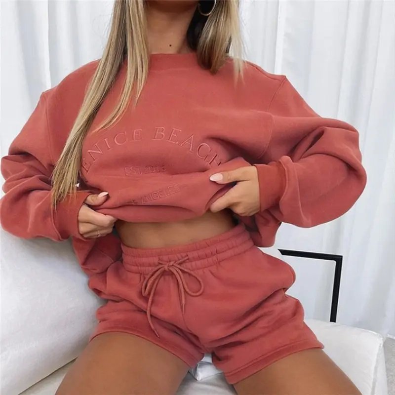 2024 Streetwear Manufacturers Custom Logo cotton sweatshirt biker shorts sets women Tracksuit premium Sweatsuit wholesale