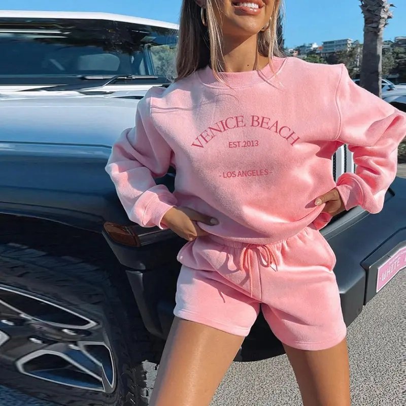 2024 Streetwear Manufacturers Custom Logo cotton sweatshirt biker shorts sets women Tracksuit premium Sweatsuit wholesale