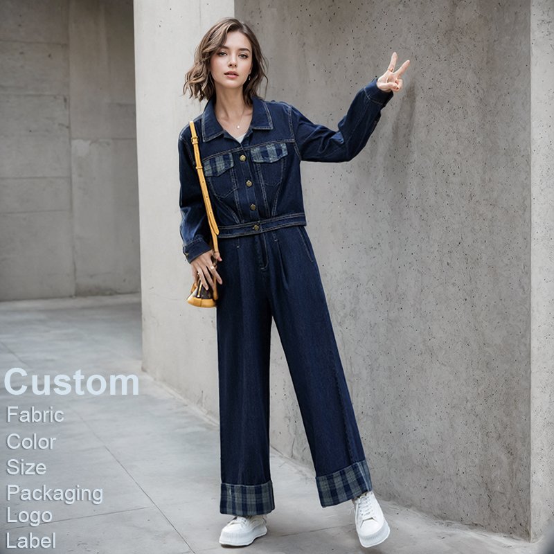 Custom Autumn and Spring new Flip collar Single breasted buckle Denim top Wide leg pants Two piece set women's sets denim