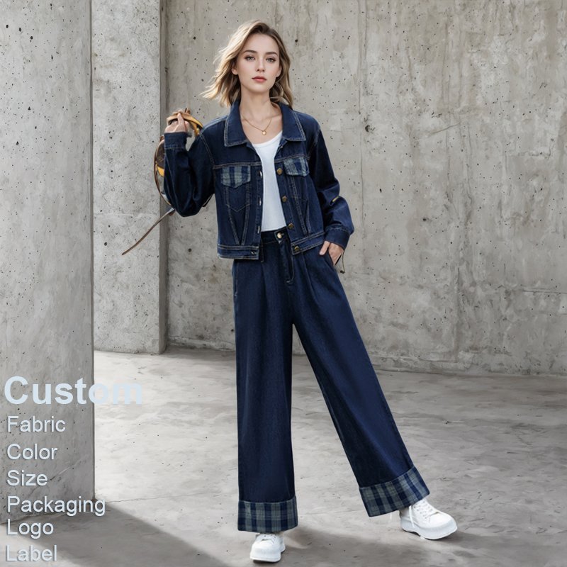 Custom Autumn and Spring new Flip collar Single breasted buckle Denim top Wide leg pants Two piece set women's sets denim