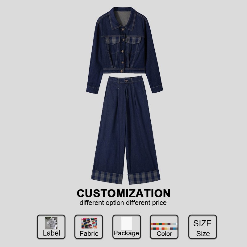 Custom Autumn and Spring new Flip collar Single breasted buckle Denim top Wide leg pants Two piece set women's sets denim