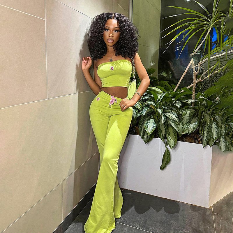 DK9114 2024 new fashion embroidered floral blazer with bare midriff high waist casual pants two-piece set for women