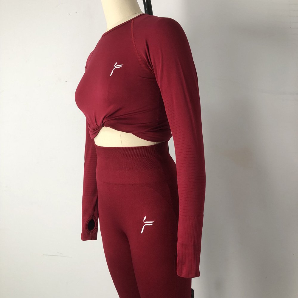 Custom breathable gym wear clothing womens seamless workout sets 2 pieces high waisted yoga leggings and cropped long sleeve top